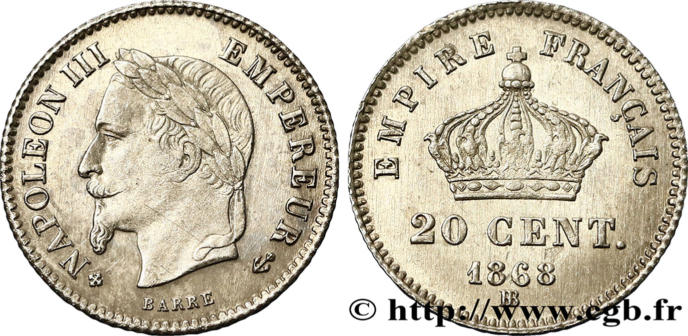 20 centimes Napoléon III, tête laurée, grand module 1868 Strasbourg F.150/5 q.SPL 