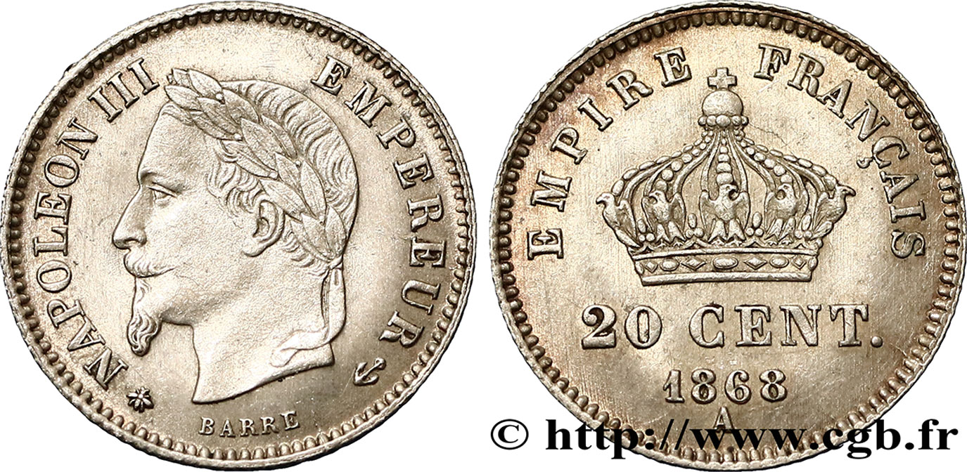 20 centimes Napoléon III, tête laurée, grand module 1868 Paris F.150/4 SUP 