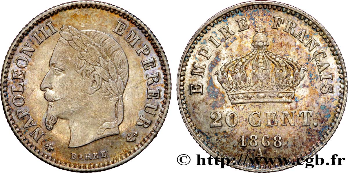 20 centimes Napoléon III, tête laurée, grand module 1868 Paris F.150/4 VZ+ 