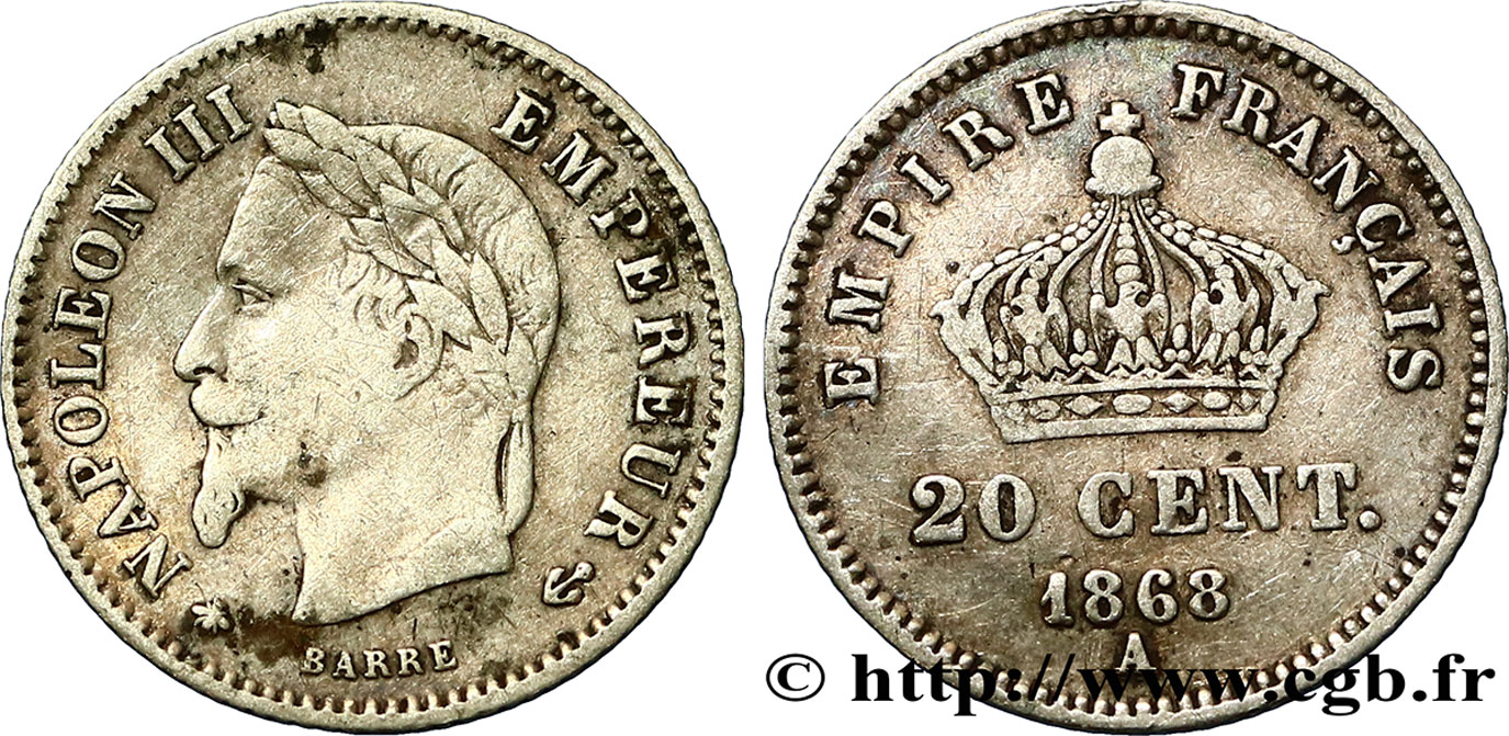 20 centimes Napoléon III, tête laurée, grand module 1868 Paris F.150/4 TB35 
