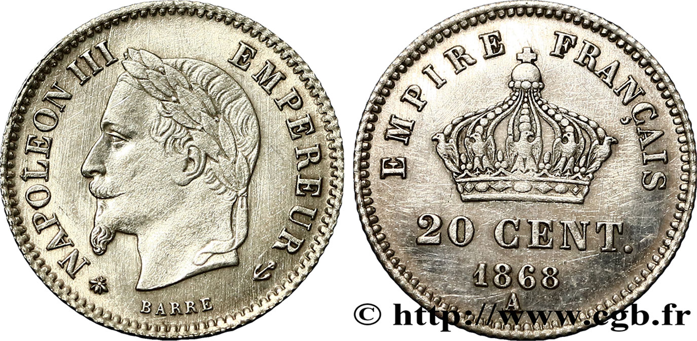 20 centimes Napoléon III, tête laurée, grand module 1868 Paris F.150/4 SUP 