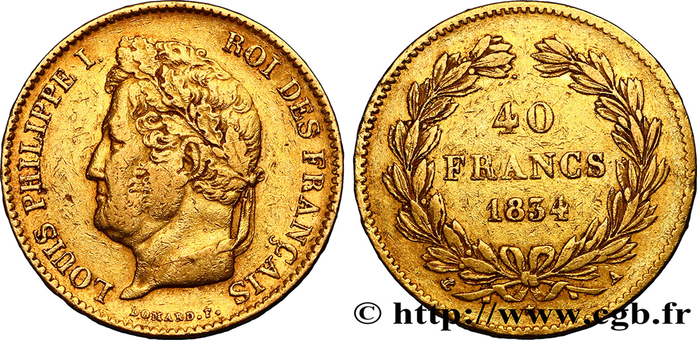 40 francs or Louis-Philippe 1834 Paris F.546/6 TB35 