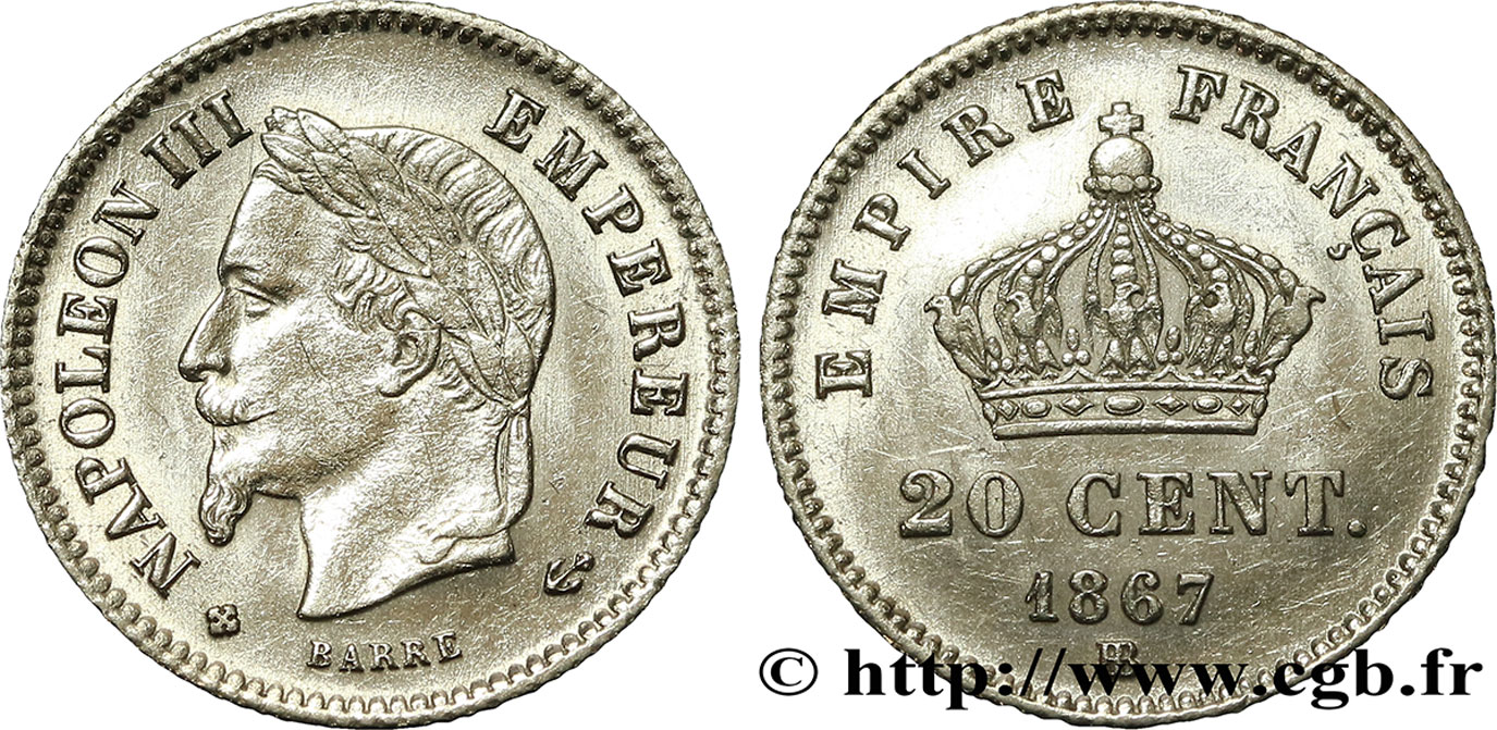 20 centimes Napoléon III, tête laurée, grand module 1867 Strasbourg F.150/2 SPL 