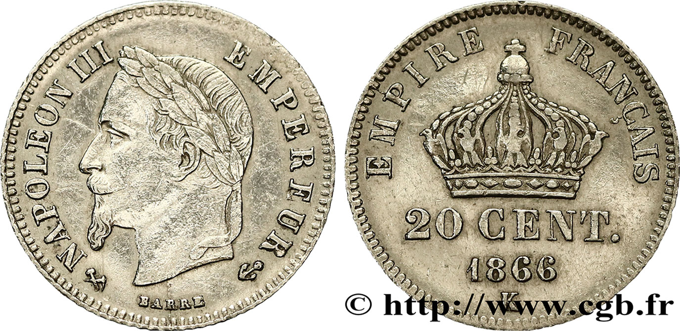 20 centimes Napoléon III, tête laurée, petit module 1866 Bordeaux F.149/6 MBC 