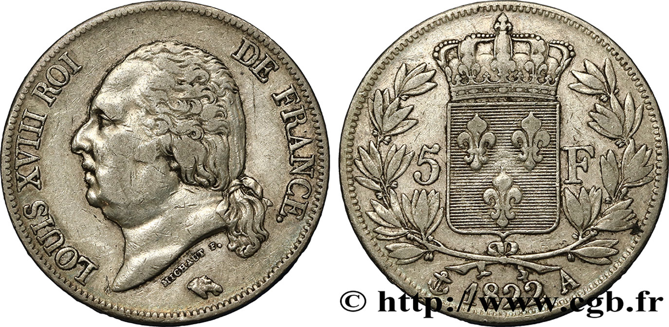 5 francs Louis XVIII, tête nue 1822 Paris F.309/68 TB35 