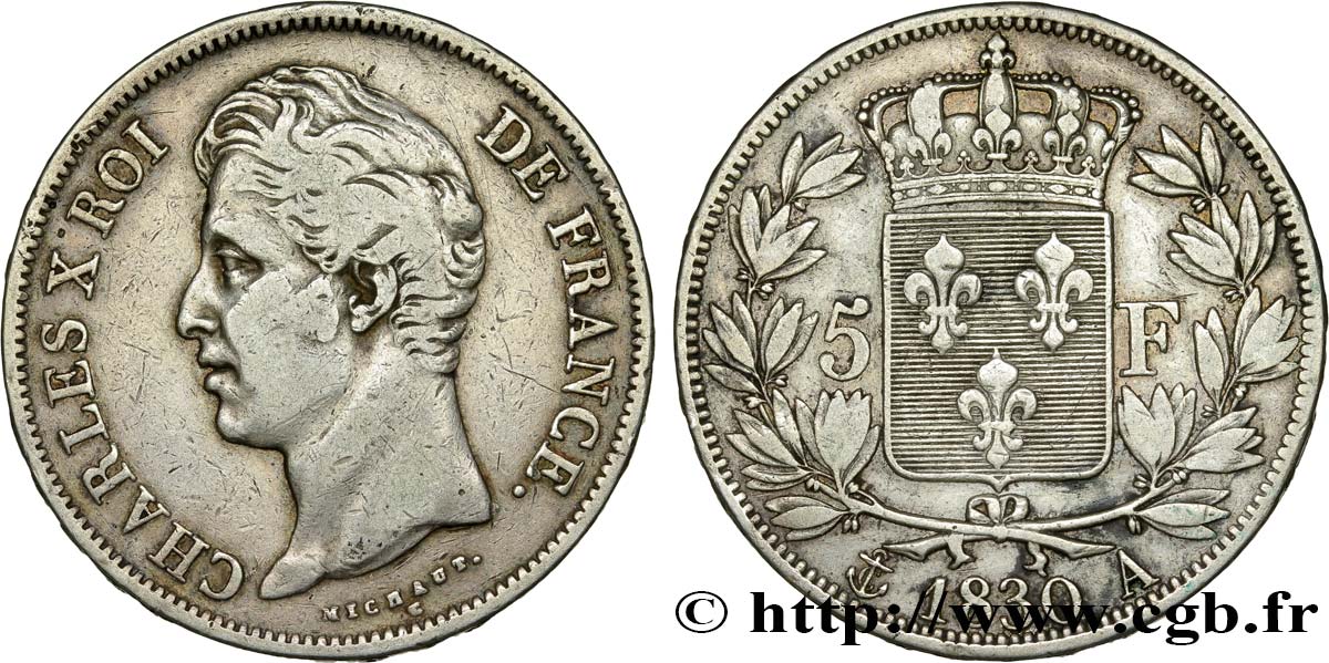 5 francs Charles X 2e type, tranche en relief 1830 Paris F.312/1 S30 