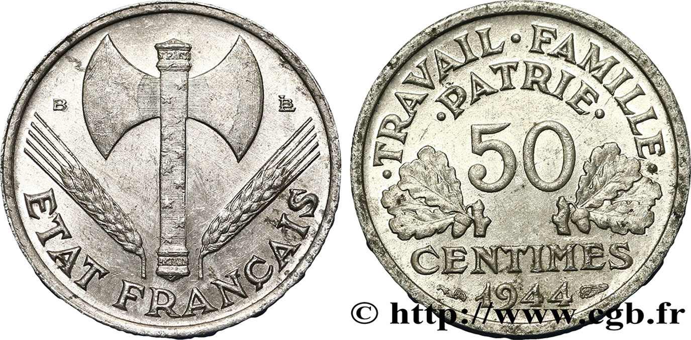 50 centimes Francisque, légère 1944 Beaumont-Le-Roger F.196/5 TTB52 