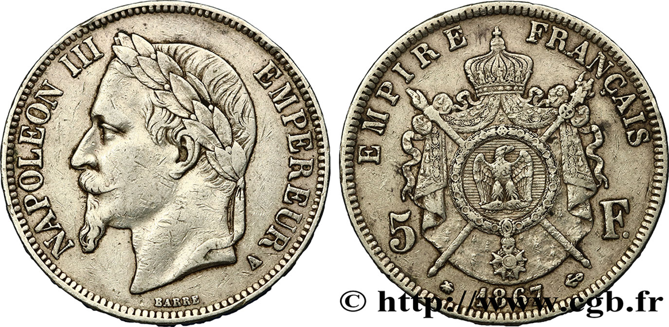 5 francs Napoléon III, tête laurée 1867 Paris F.331/10 MBC40 