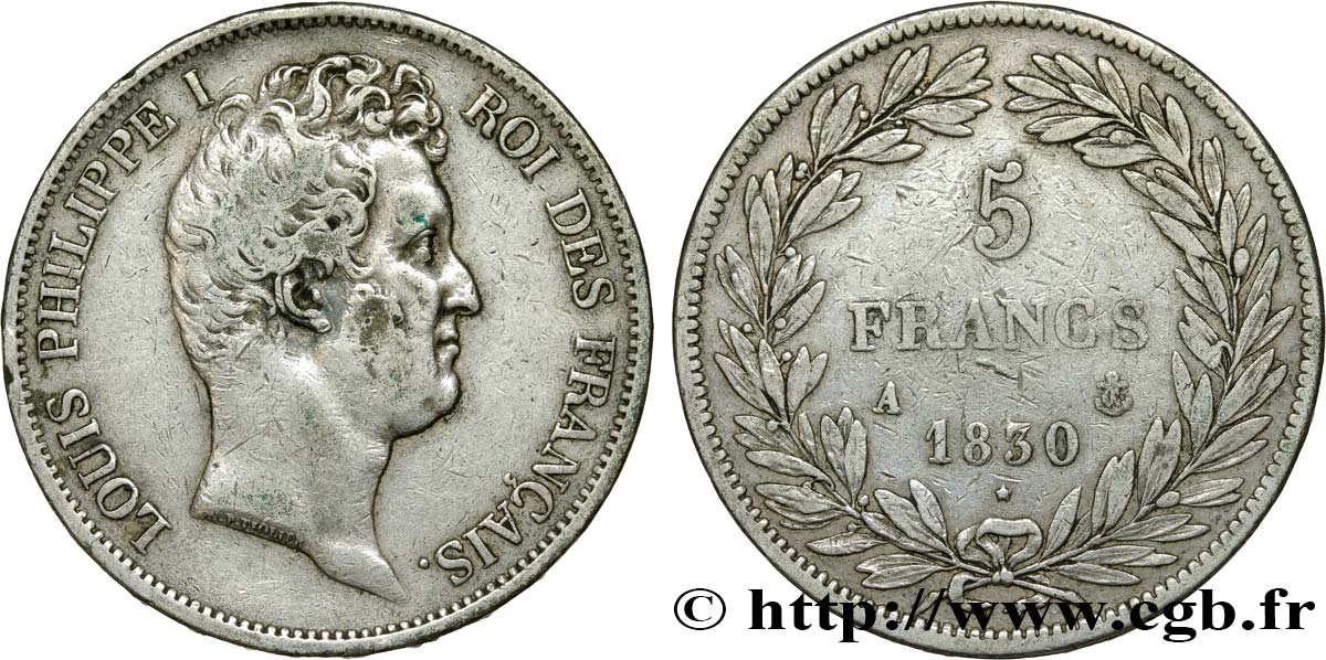 5 francs type Tiolier avec le I, tranche en relief 1830 Paris F.316/1 VF35 