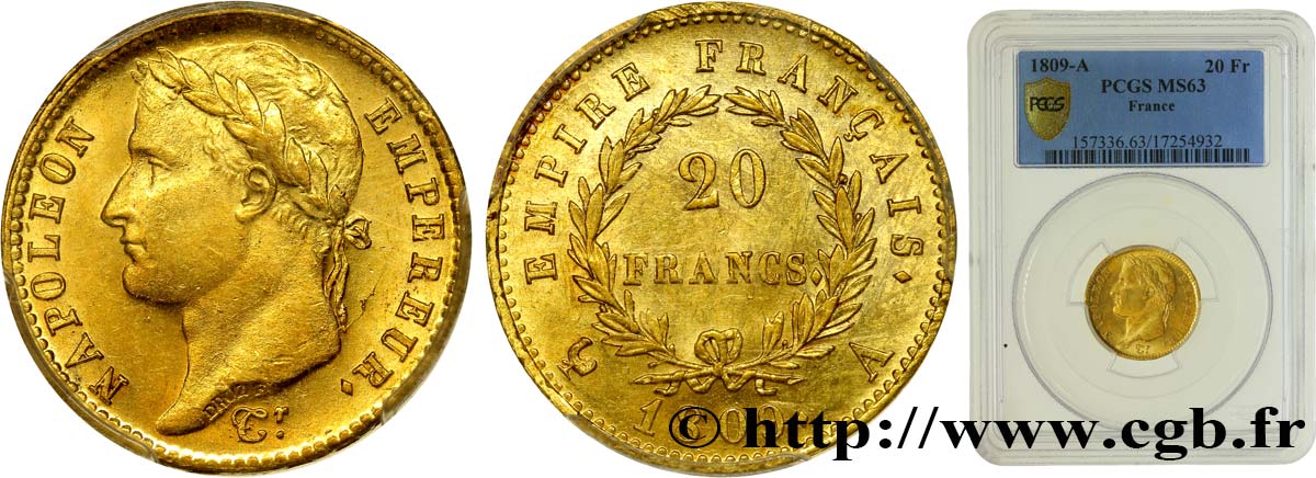 20 francs or Napoléon tête laurée, Empire français 1809 Paris F.516/1 SPL63 PCGS