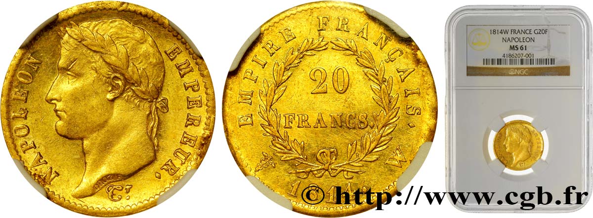 20 francs or Napoléon tête laurée, Empire français 1814 Lille F.516/42 SPL61 NGC