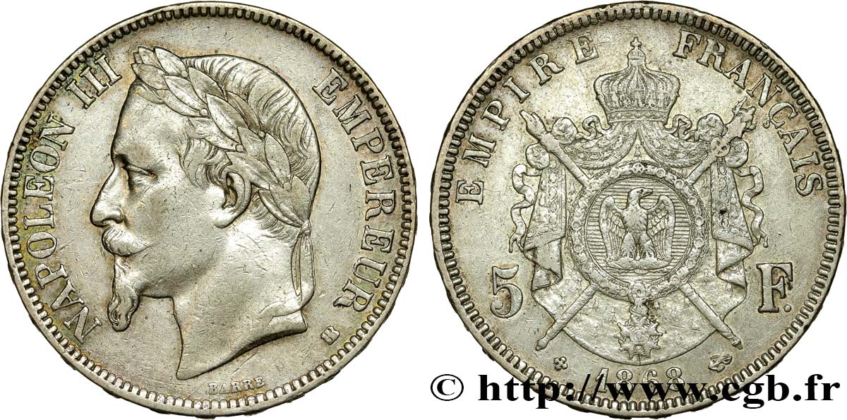 5 francs Napoléon III, tête laurée 1868 Strasbourg F.331/13 TTB45 