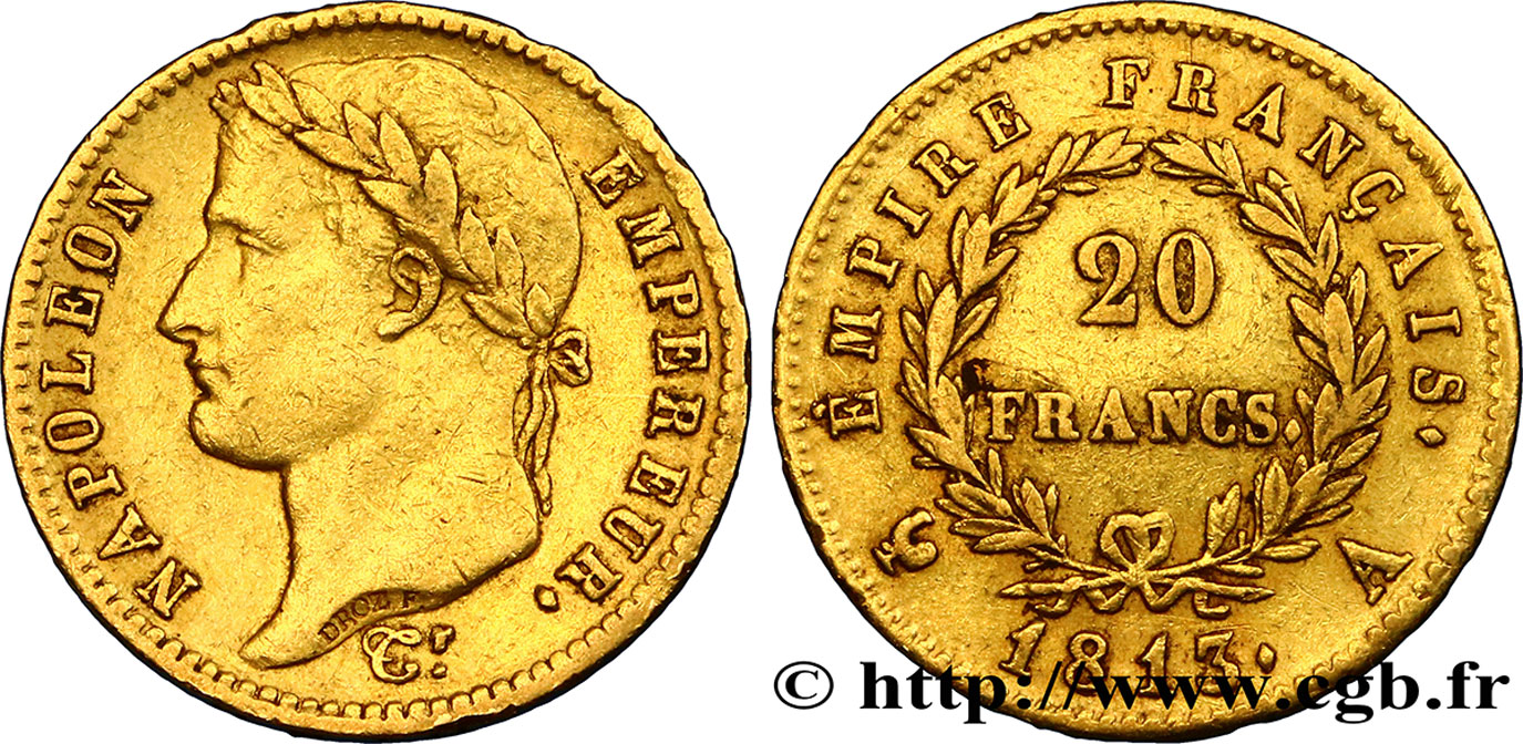 20 francs or Napoléon tête laurée, Empire français 1813 Paris F.516/30 XF42 