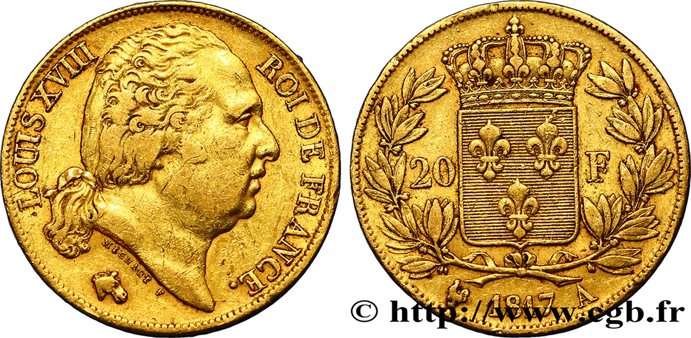 20 francs or Louis XVIII, tête nue 1817 Paris F.519/5 BB42 