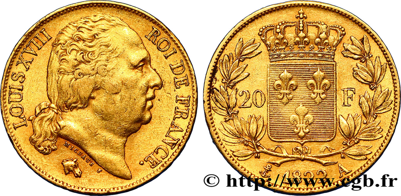 20 francs or Louis XVIII, tête nue 1822 Paris F.519/26 SS40 