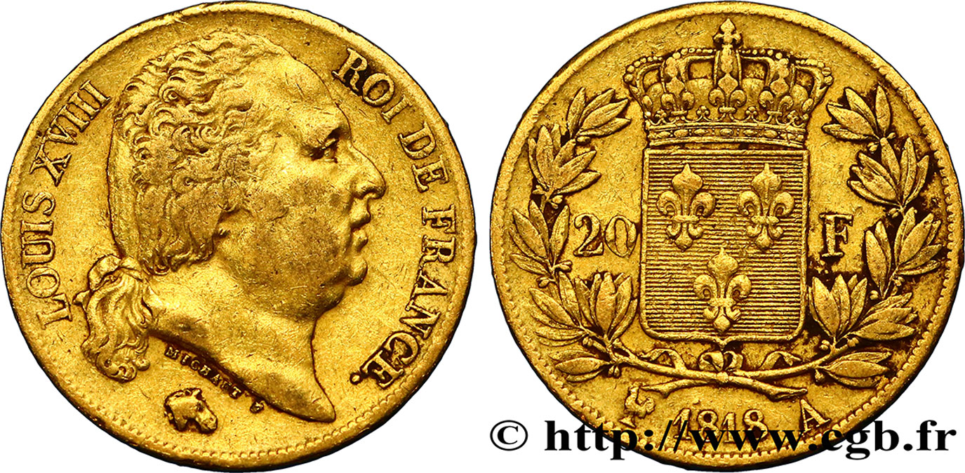 20 francs or Louis XVIII, tête nue 1818 Paris F.519/10 TB35 