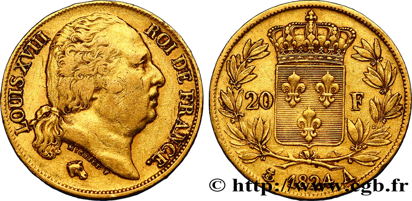 20 francs or Louis XVIII, tête nue 1824 Paris F.519/31 VF35 