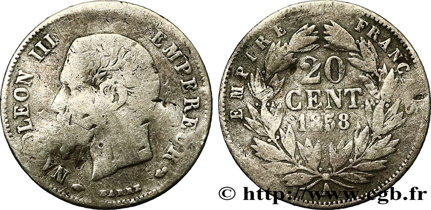 20 centimes Napoléon III, tête nue 1858 Paris F.148/10 VG10 