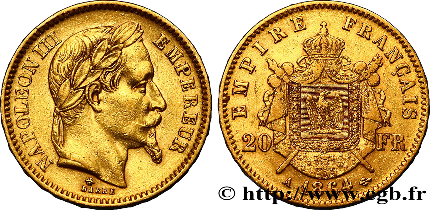 20 francs or Napoléon III, tête laurée 1864 Paris F.532/8 AU50 