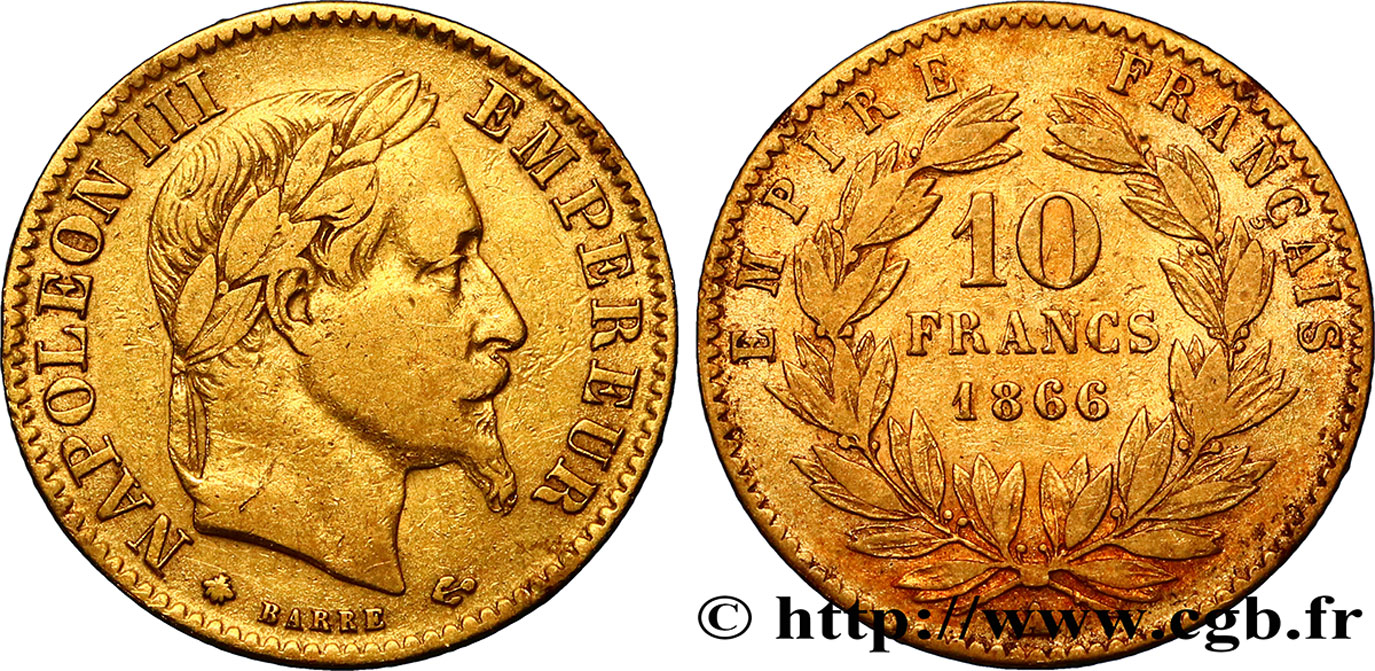 10 francs or Napoléon III, tête laurée 1866 Paris F.507A/12 S30 