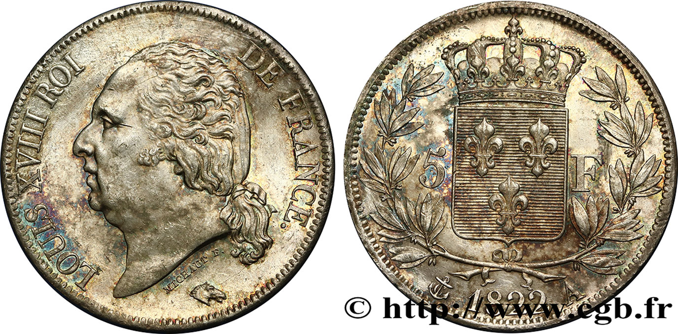 5 francs Louis XVIII, tête nue 1822 Paris F.309/68 SUP58 