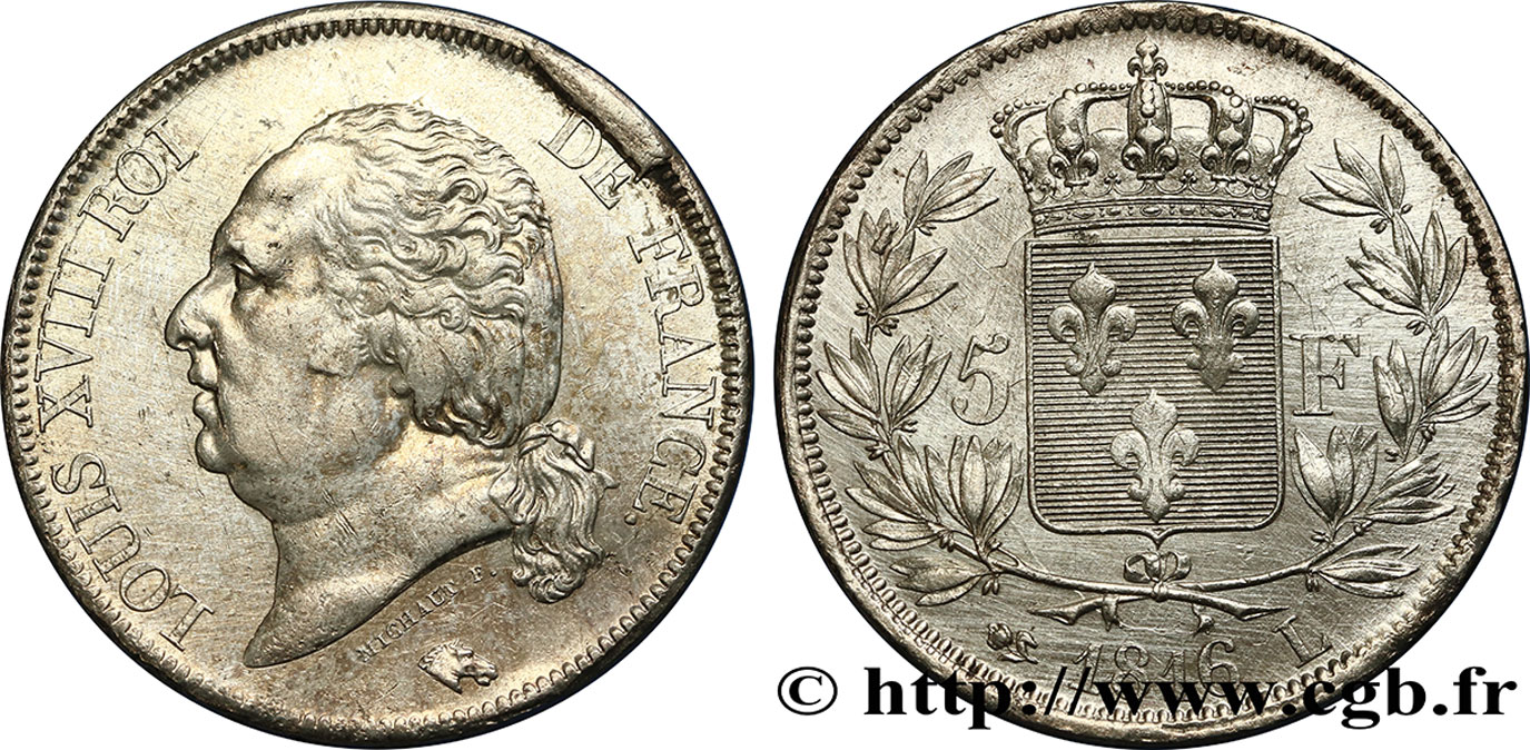 5 francs Louis XVIII, tête nue 1816 Bayonne F.309/8 TTB48 