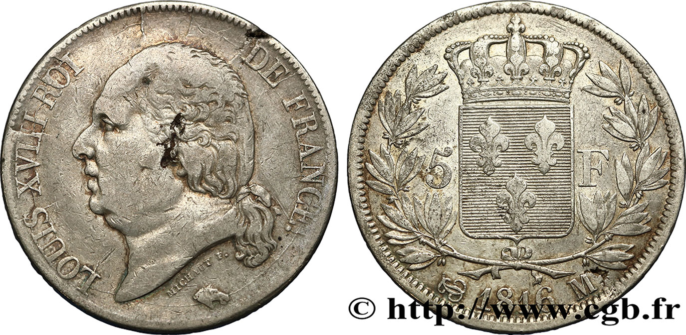 5 francs Louis XVIII, tête nue 1816 Toulouse F.309/9 MB25 