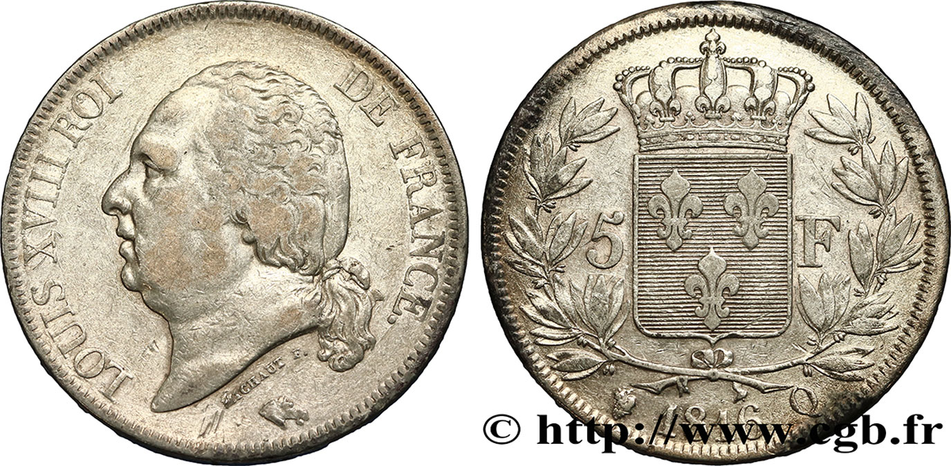 5 francs Louis XVIII, tête nue 1816 Perpignan F.309/11 TTB45 