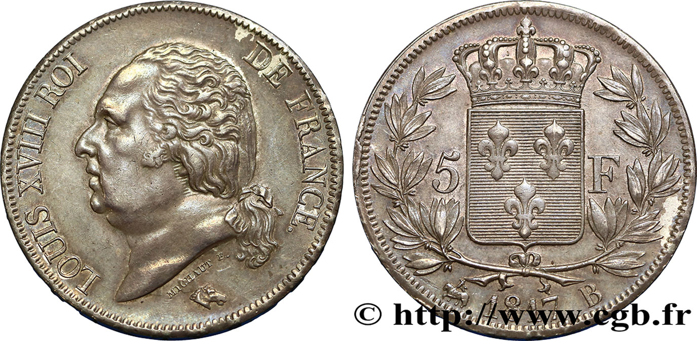 5 francs Louis XVIII, tête nue 1817 Rouen F.309/15 SUP58 