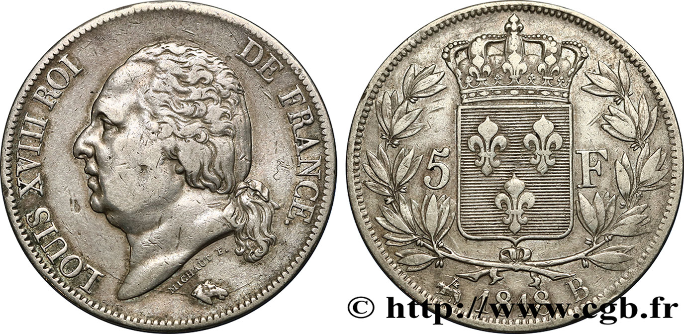 5 francs Louis XVIII, tête nue 1818 Rouen F.309/29 TTB42 