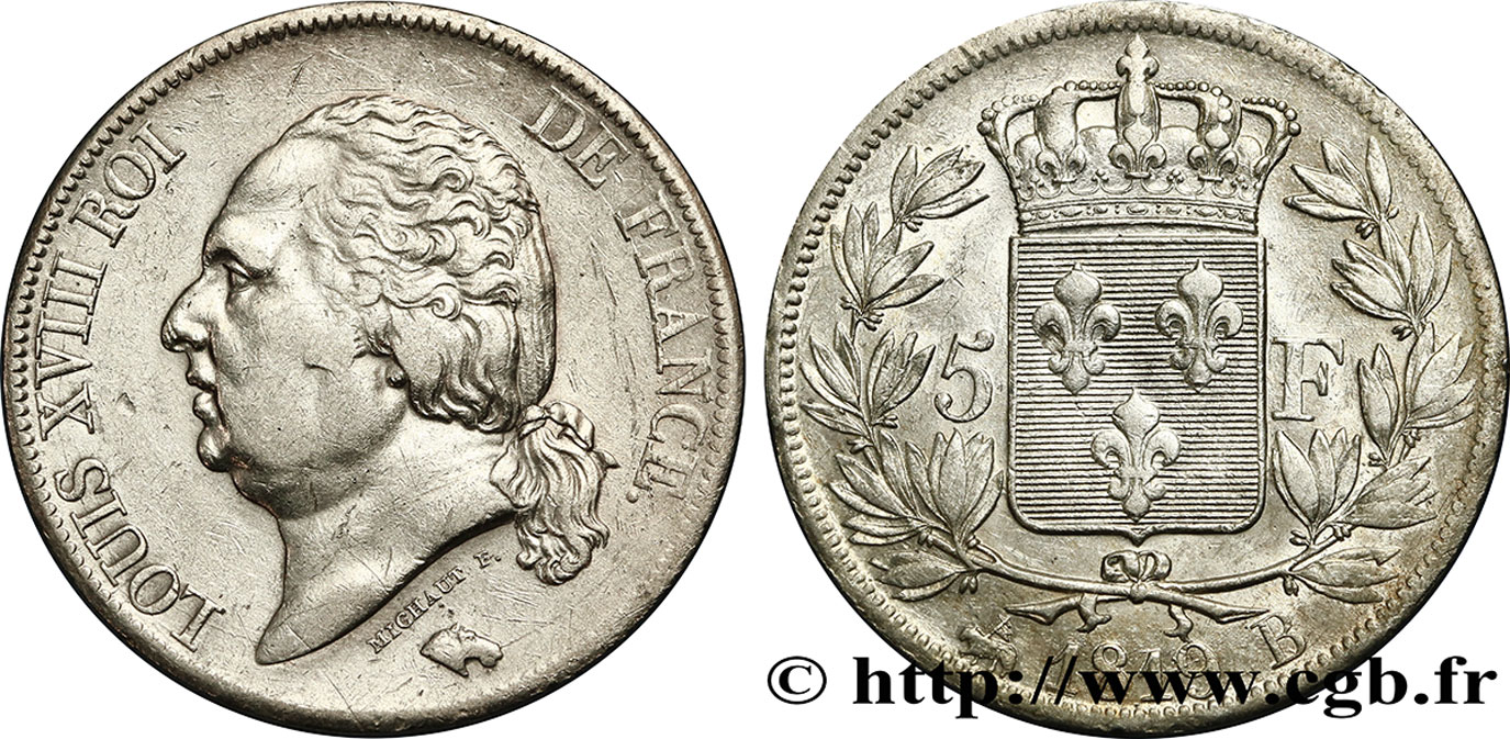 5 francs Louis XVIII, tête nue 1819 Rouen F.309/41 TTB40 