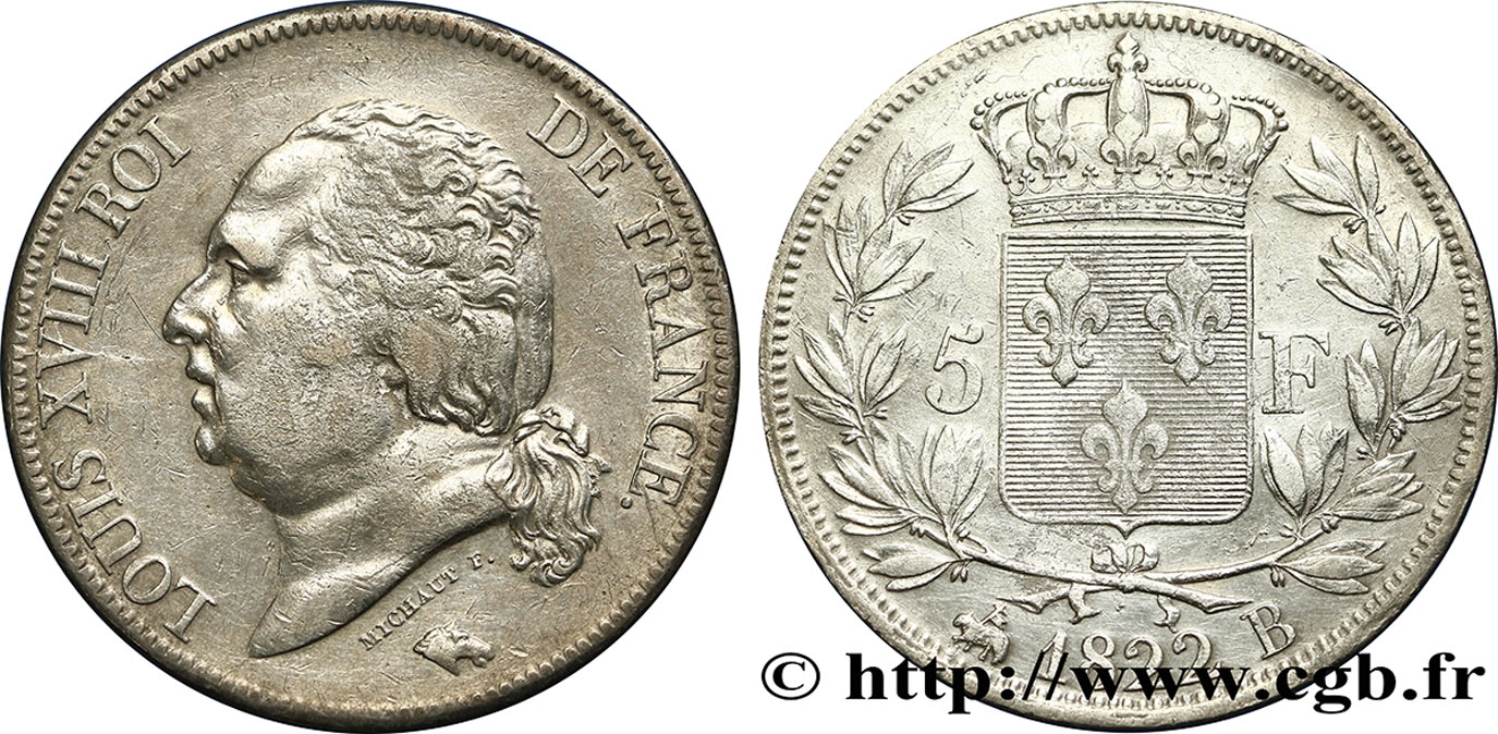 5 francs Louis XVIII, tête nue 1822 Rouen F.309/70 SS48 