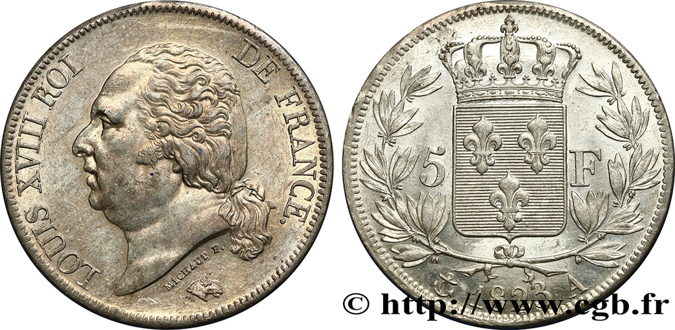 5 francs Louis XVIII, tête nue 1823 Paris F.309/76 SUP58 