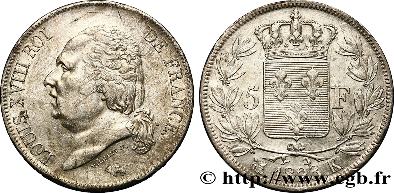 5 francs Louis XVIII, tête nue 1823 Bordeaux F.309/82 MBC45 