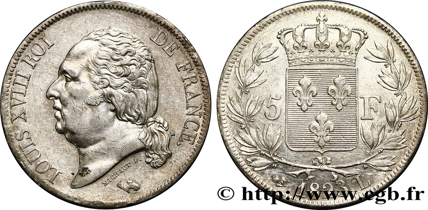 5 francs Louis XVIII, tête nue 1823 Bayonne F.309/83 TTB45 