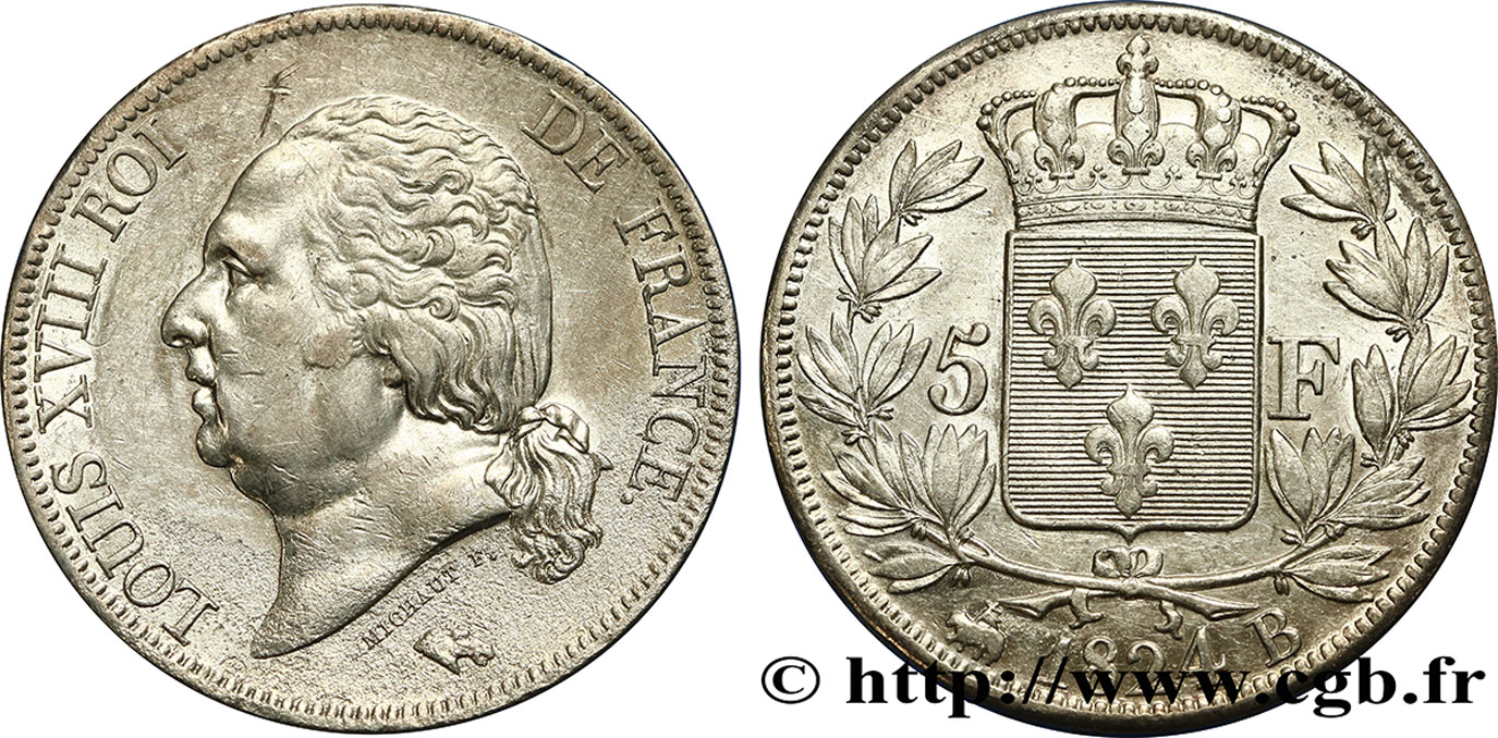 5 francs Louis XVIII, tête nue 1824 Rouen F.309/89 TTB50 