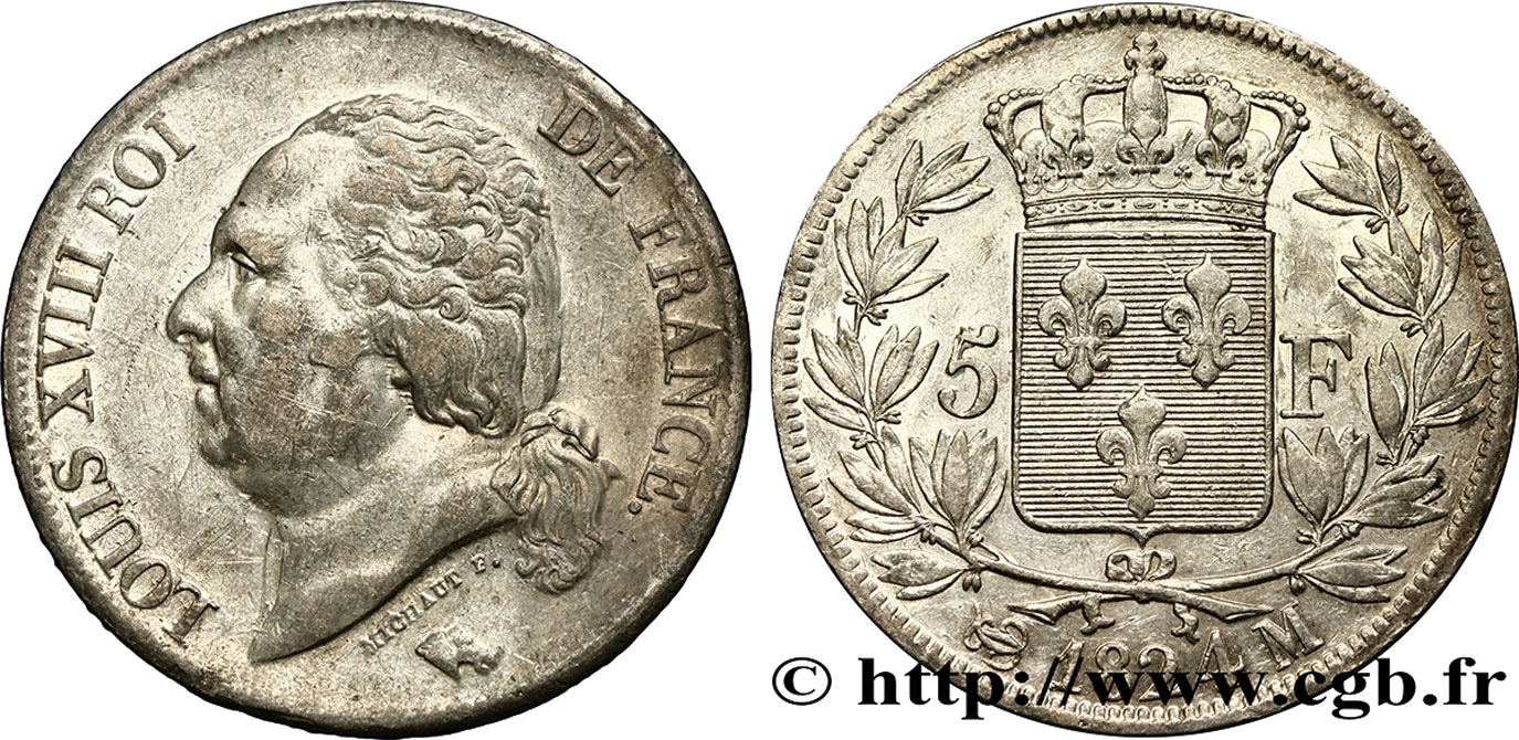 5 francs Louis XVIII, tête nue 1824 Toulouse F.309/95 MBC48 
