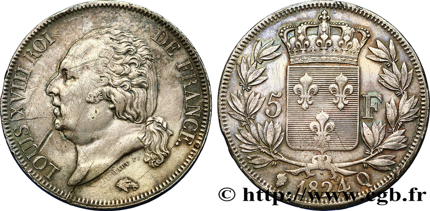 5 francs Louis XVIII, tête nue 1824 Perpignan F.309/97 BB50 