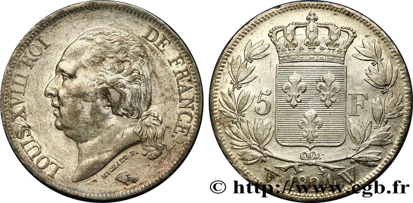 5 francs Louis XVIII, tête nue 1824 Lille F.309/98 AU53 