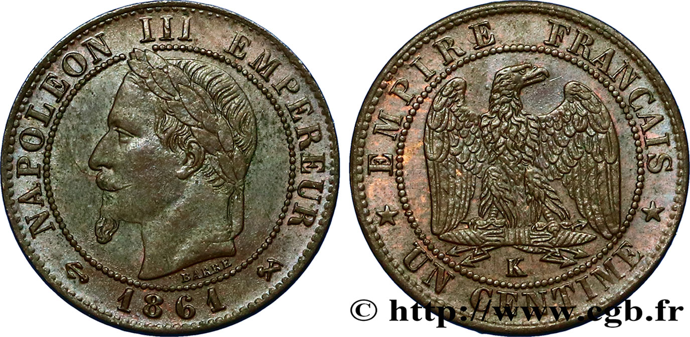 Un centime Napoléon III, tête laurée 1861 Bordeaux F.103/3 TTB40 