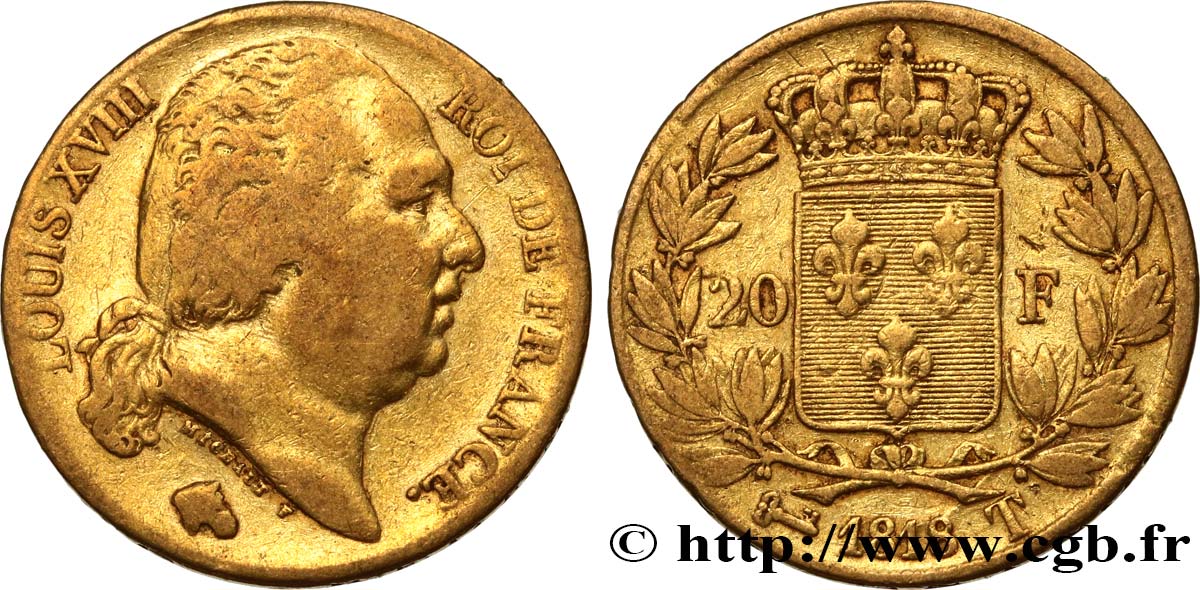 20 francs or Louis XVIII, tête nue 1818 Nantes F.519/13 S25 
