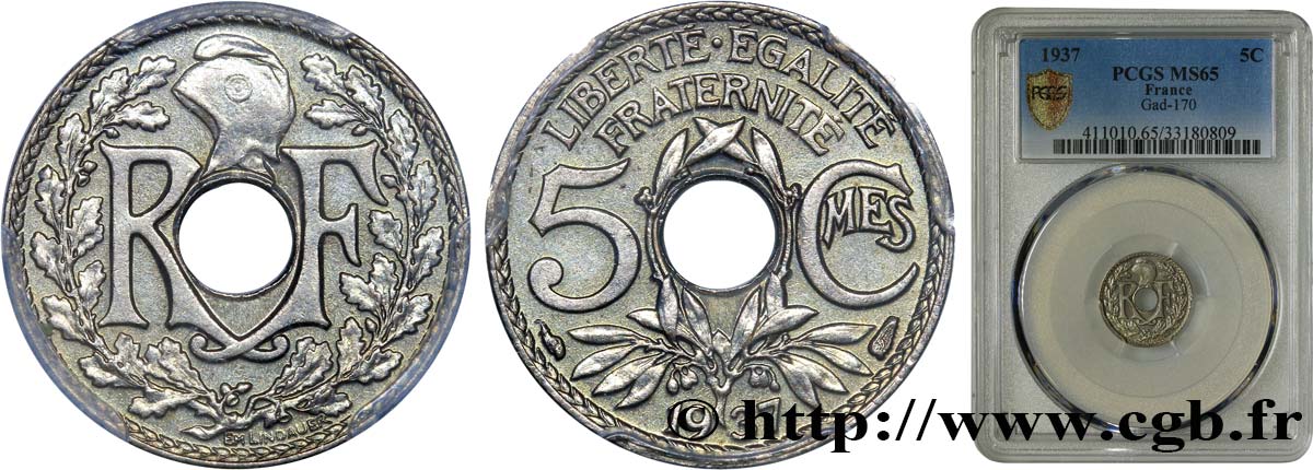 5 centimes Lindauer, petit module 1937 Paris F.122/20 FDC65 PCGS