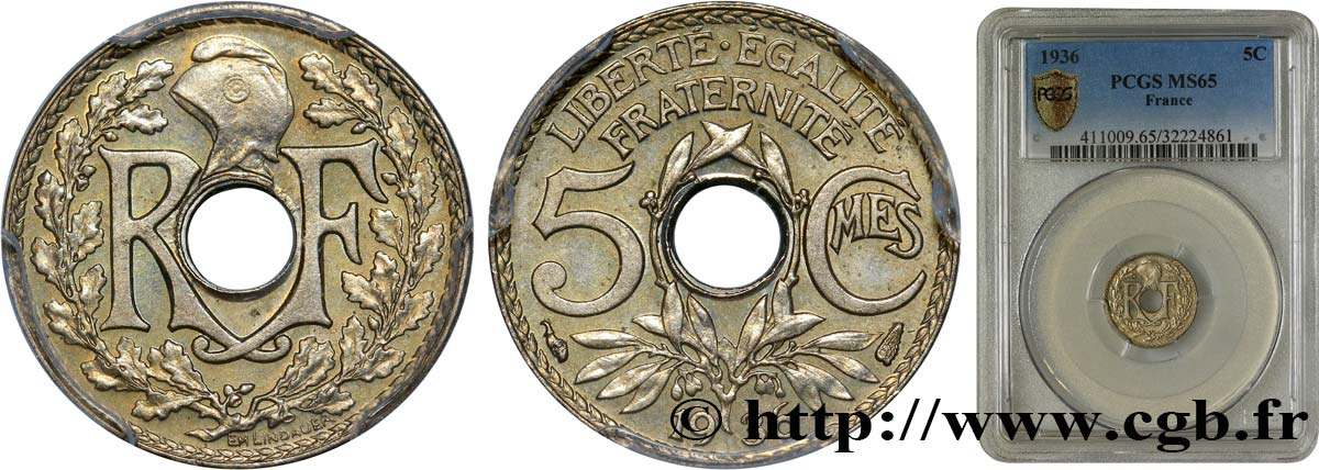 5 centimes Lindauer, petit module 1936  F.122/19 ST65 PCGS