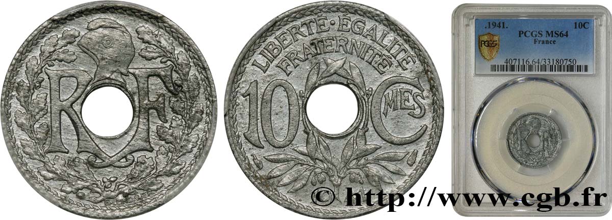 10 centimes Lindauer en zinc, Cmes non souligné et millésime sans points 1941  F.140A/1 SPL64 PCGS