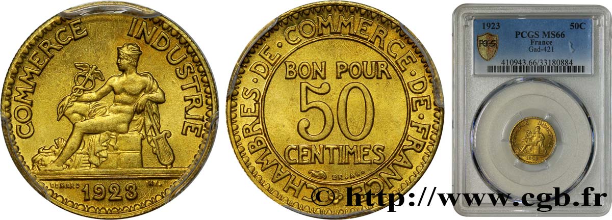 50 centimes Chambres de Commerce 1923 Paris F.191/5 MS66 PCGS