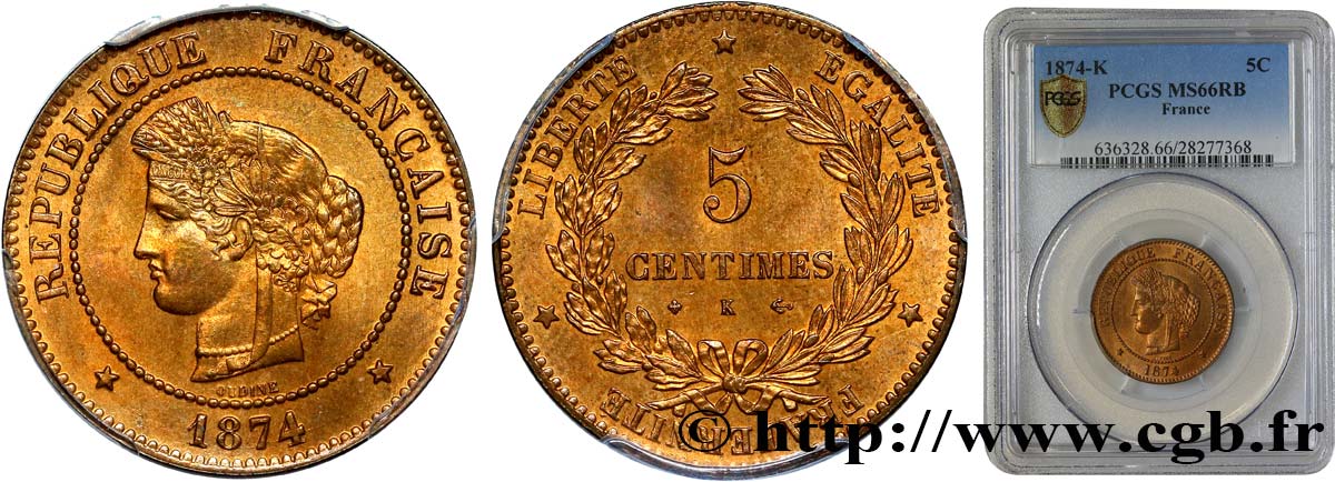 5 centimes Cérès 1874 Bordeaux F.118/10 FDC66 PCGS