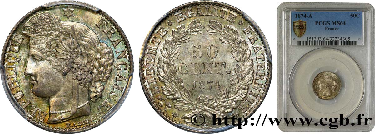 50 centimes Cérès, IIIe République 1874 Paris F.189/7 MS64 PCGS