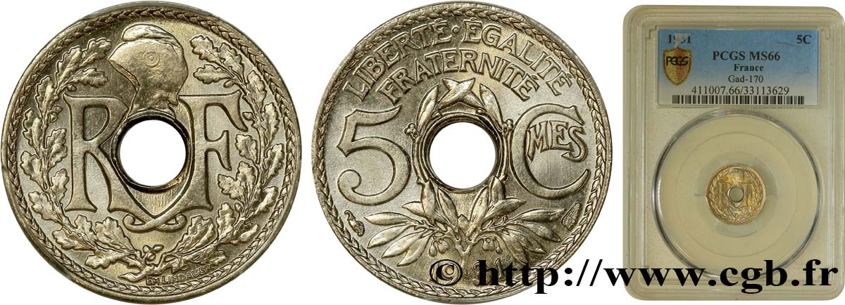 5 centimes Lindauer, petit module 1931 Paris F.122/14 MS66 PCGS