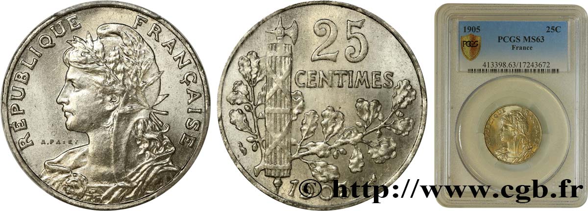 25 centimes Patey, 2e type 1905  F.169/3 fST63 PCGS