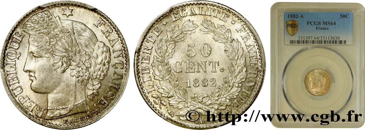 50 centimes Cérès, IIIe République 1882 Paris F.189/10 MS64 PCGS